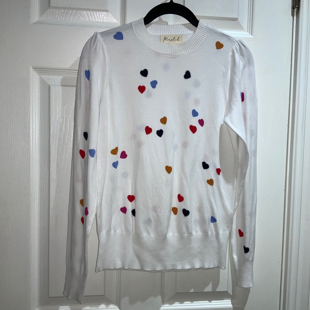 Marled multicolor heart knit sweater Sz XS crew neck long sleeve